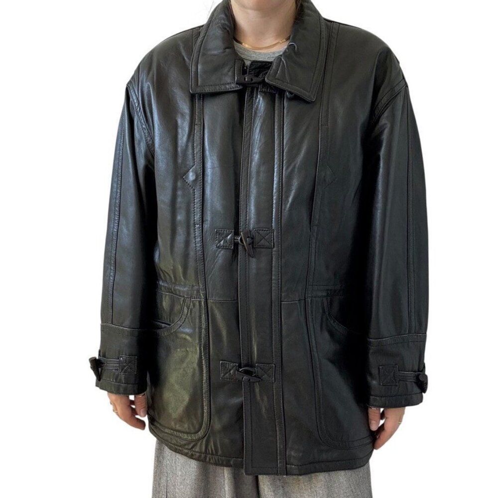 Vintage Bally Womens Lambskin Black Leather Alpaca Lined Toggle Fisherman Jacket